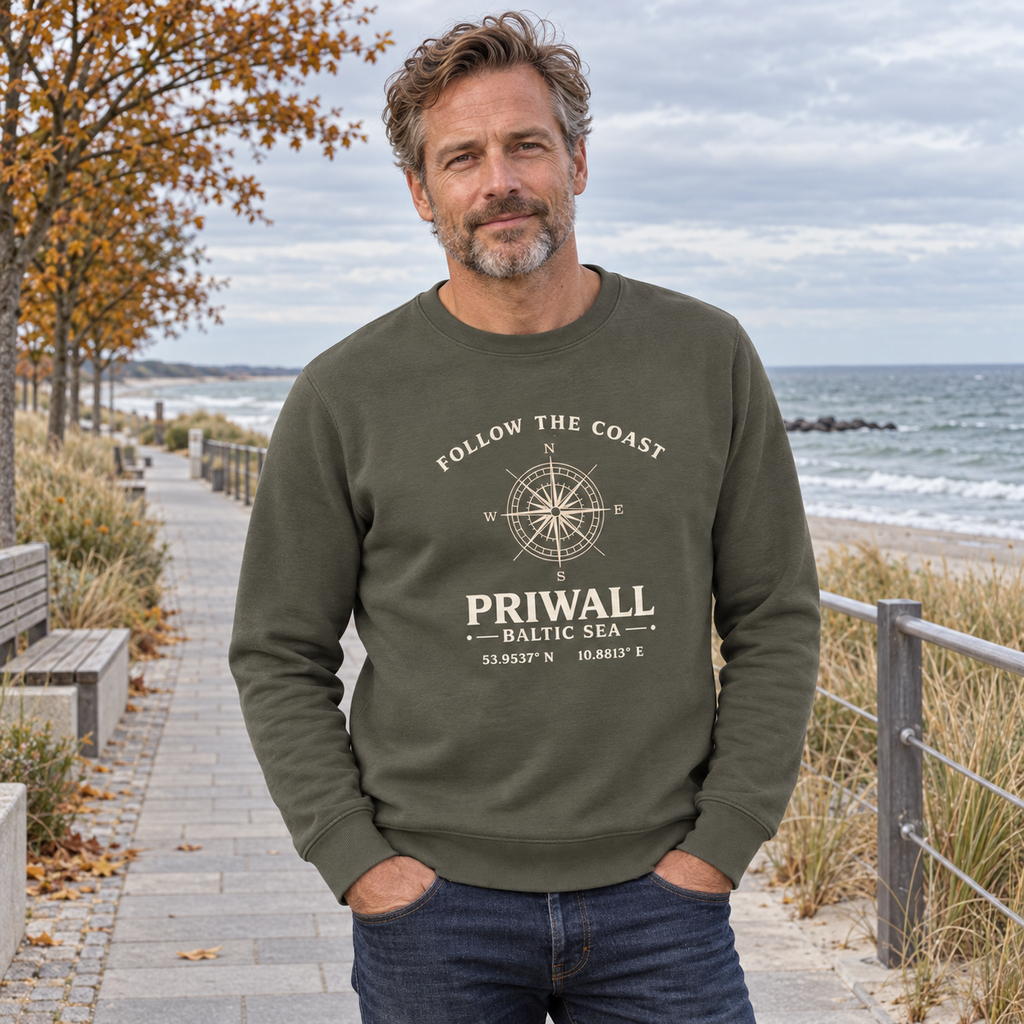 Mann trägt khakifarbenes Priwall Follow the Coast Bio-Sweatshirt an der Ostsee