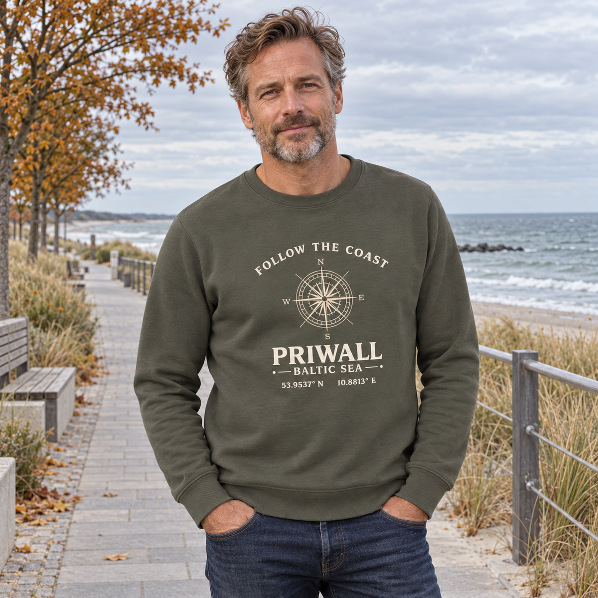 Mann trägt khakifarbenes Priwall Follow the Coast Bio-Sweatshirt an der Ostsee