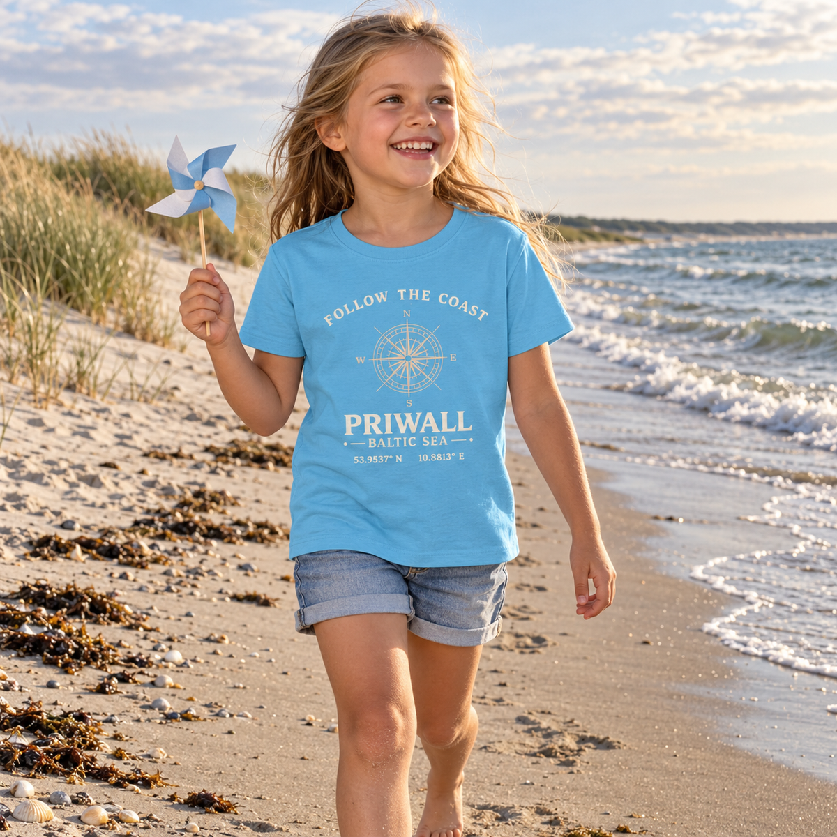 Mädchen trägt aqua-blaues Priwall Follow the Coast Kinder-Bio-Shirt am Ostseestrand