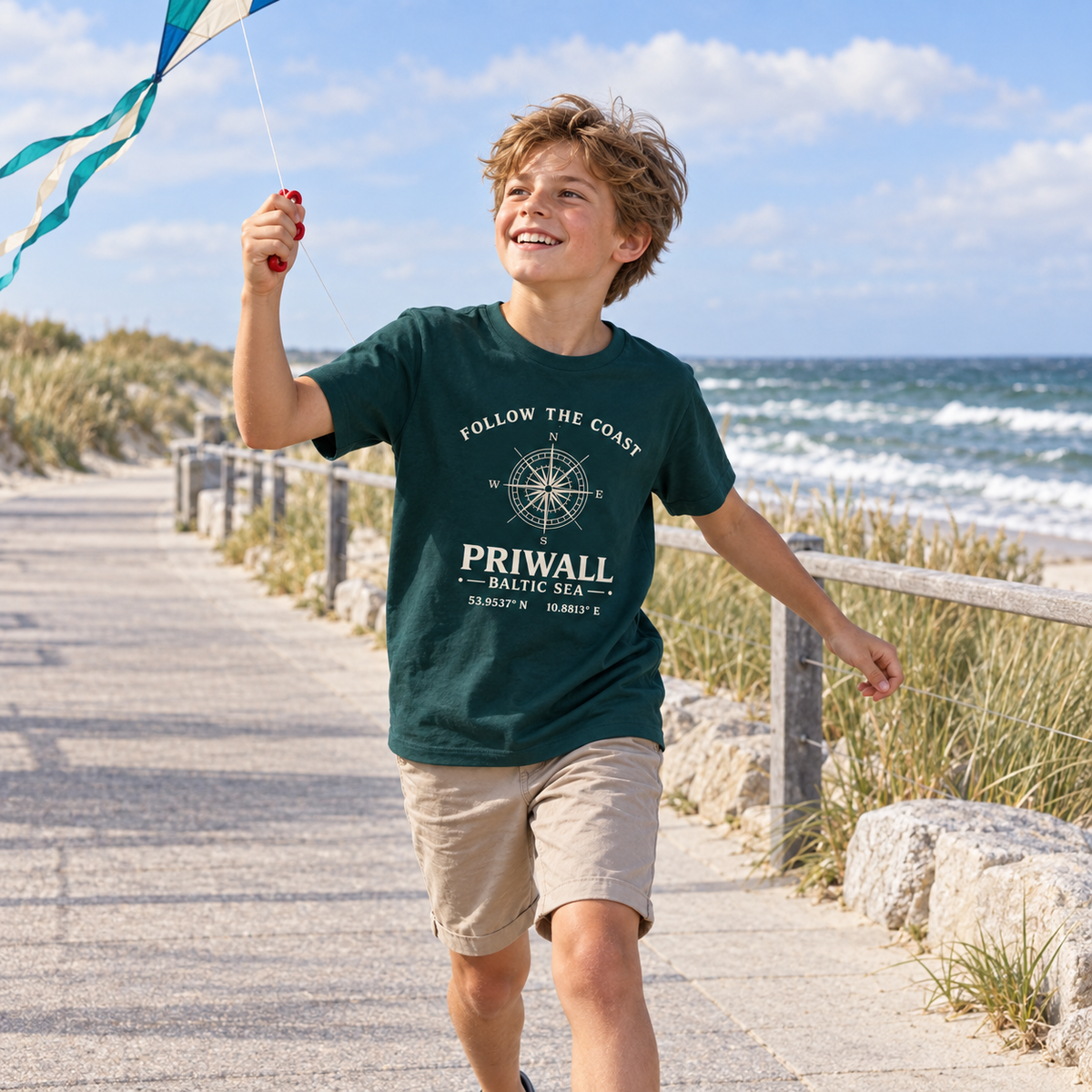Junge trägt dunkelgrünes Priwall Follow the Coast Kinder-Bio-Shirt beim Drachensteigen an der Ostsee