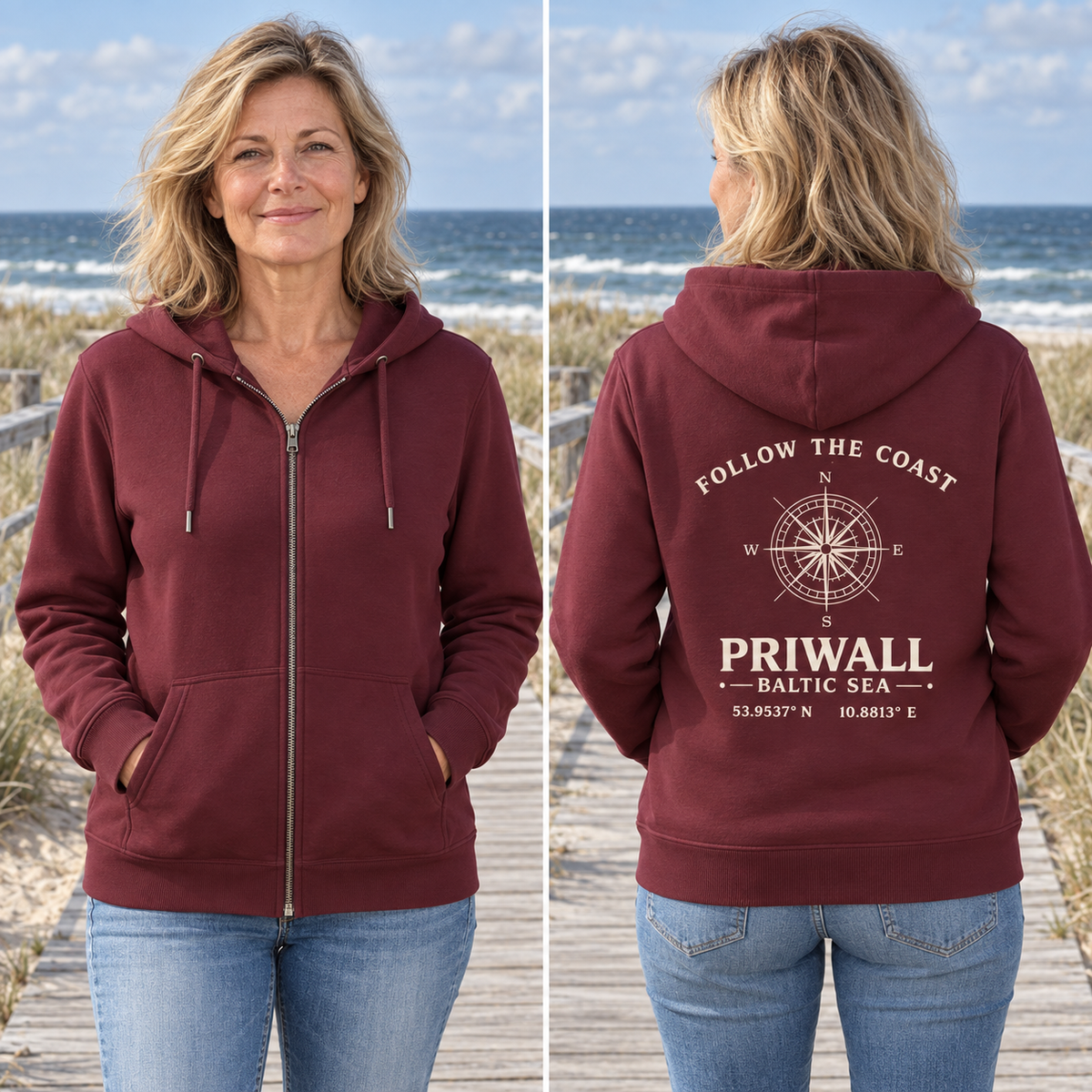 Burgundy Priwall Follow the Coast Bio-Kapuzenjacke vorne ohne Druck und hinten mit Kompass-Rückenprint