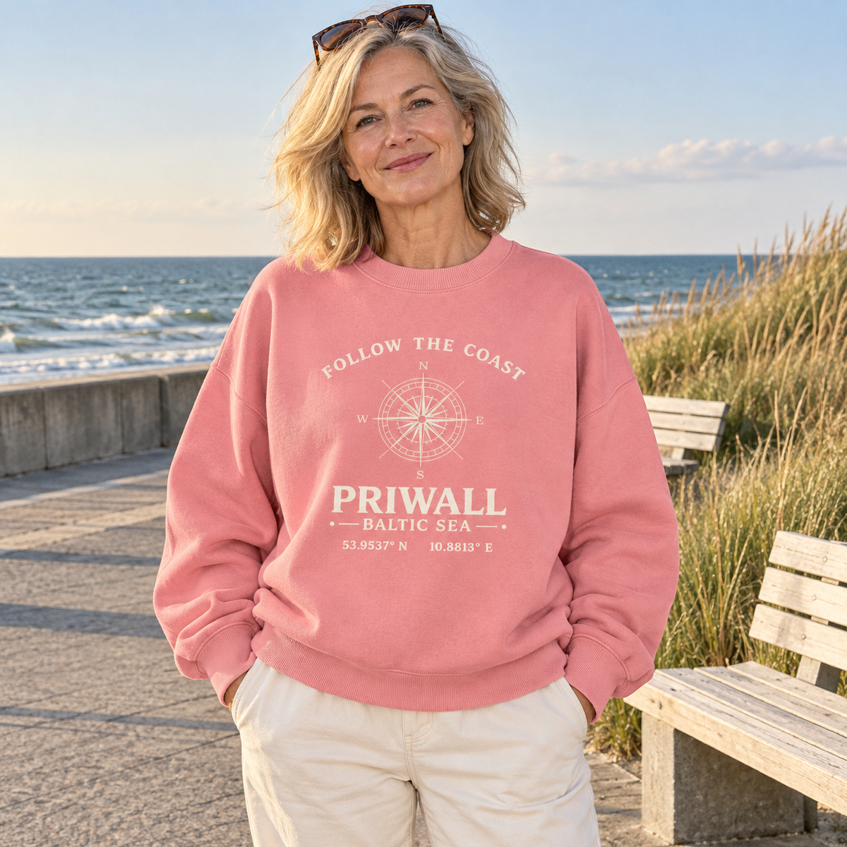 Frau trägt pinkes Priwall Follow the Coast Oversize Bio-Sweatshirt an der Ostsee