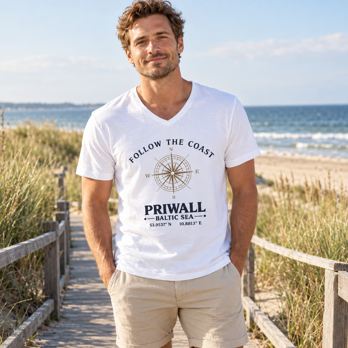 Mann trägt das weiße Follow the Coast Priwall Herren Bio-V-Neck-Shirt an der Ostsee
