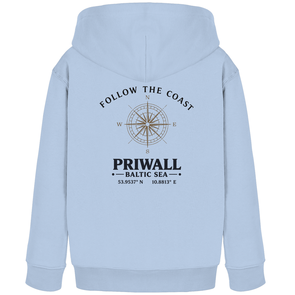 Priwall Follow the Coast Kinder Bio-Hoodie in Blue Soul mit Kompass-Rückenprint