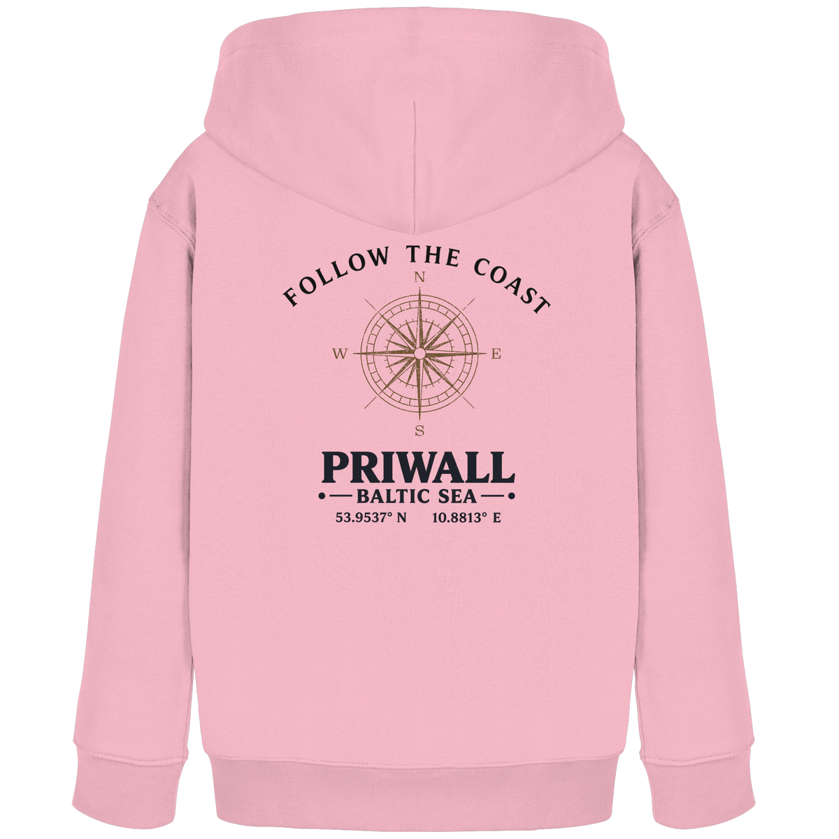 Priwall Follow the Coast Kinder Bio-Hoodie in Cotton Pink mit Kompass-Rückenprint
