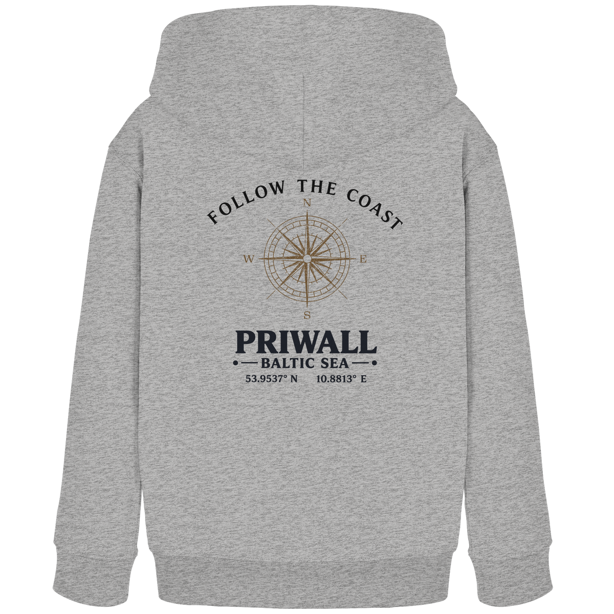 Priwall Follow the Coast Kinder Bio-Hoodie in Heather Grey mit Kompass-Rückenprint