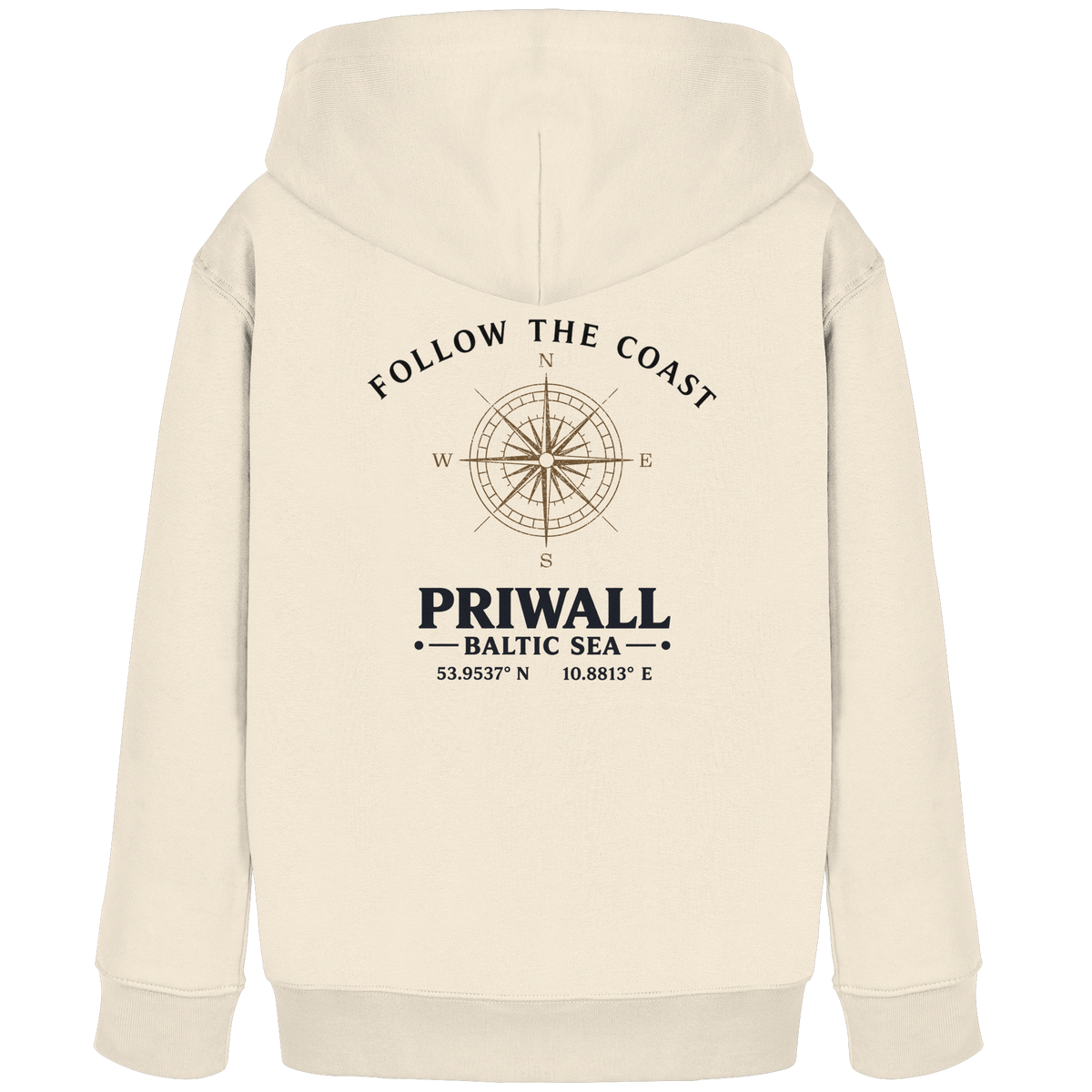 Priwall Follow the Coast Kinder Bio-Hoodie in Natural Raw mit Kompass-Rückenprint