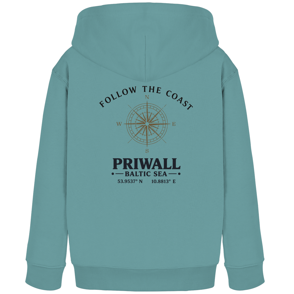 Priwall Follow the Coast Kinder Bio-Hoodie in Teal Monstera mit Kompass-Rückenprint