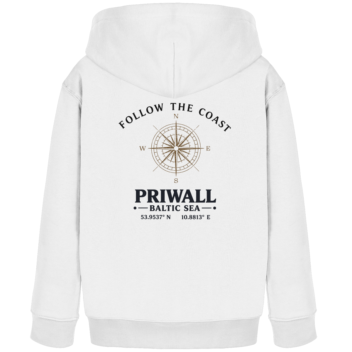 Priwall Follow the Coast Kinder Bio-Hoodie in Weiß mit Kompass-Rückenprint