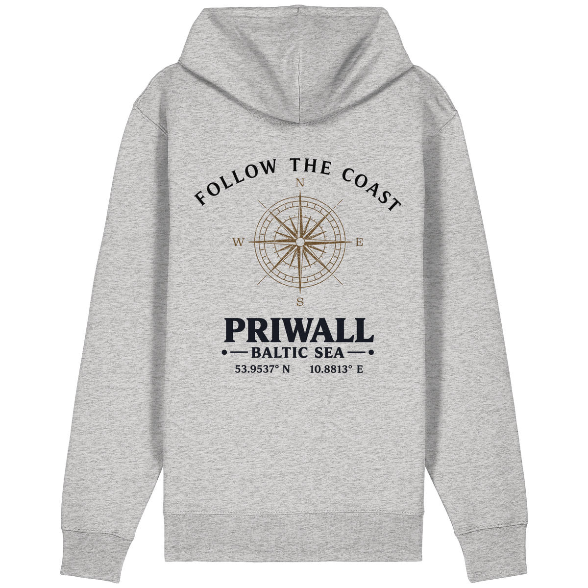 Priwall Follow the Coast Bio-Kapuzenjacke in Cool Heather Grey mit Kompass-Rückenprint