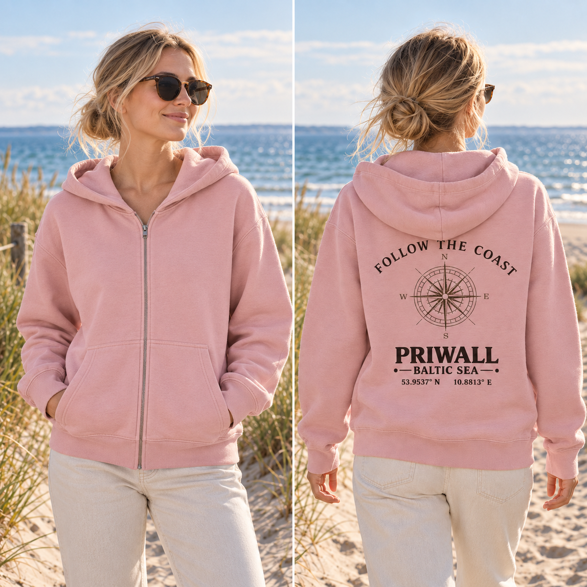 Organic Relaxed Zipper in Cotton Pink – vorne ohne Druck und hinten mit Priwall Follow the Coast Kompassmotiv
