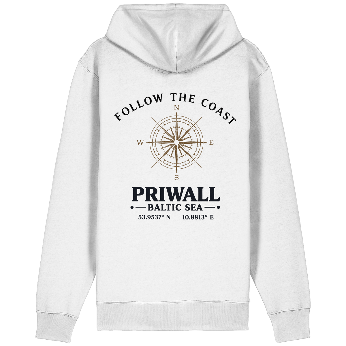 Priwall Follow the Coast Bio-Kapuzenjacke in Weiß mit Kompass-Rückenprint