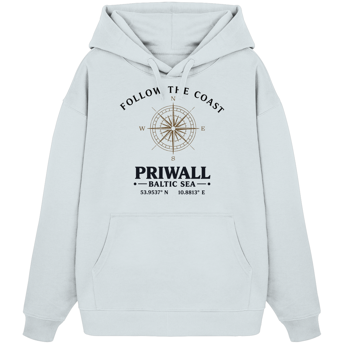 Priwall Follow the Coast Oversize Bio-Hoodie in Blue Ice mit Kompass-Frontprint