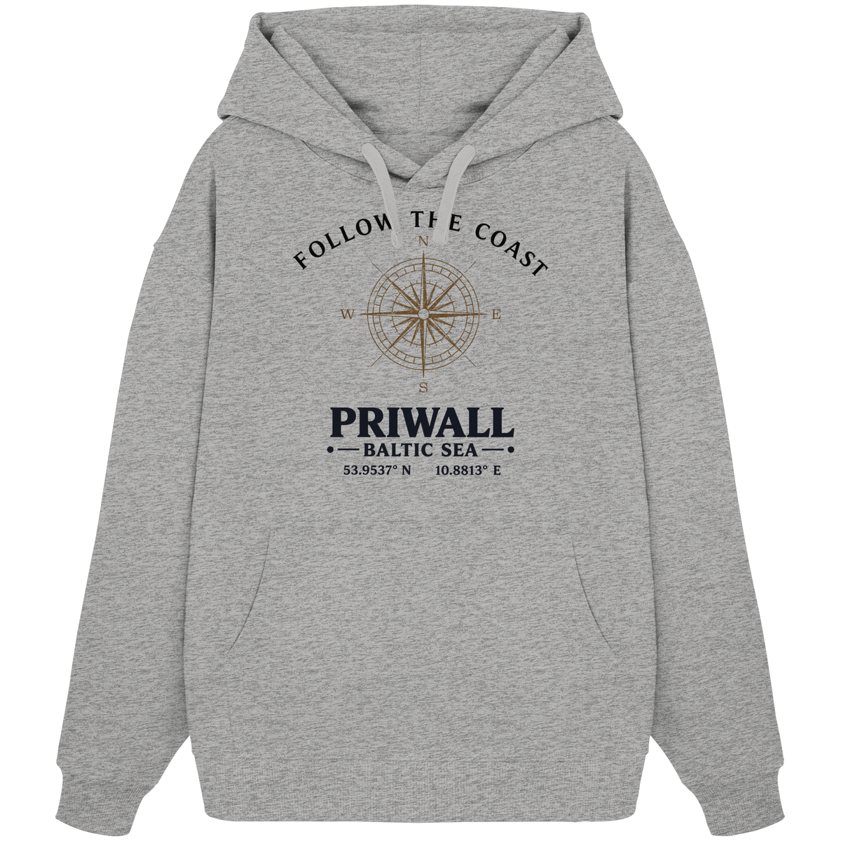 Priwall Follow the Coast Oversize Bio-Hoodie in Heather Grey mit Kompass-Frontprint