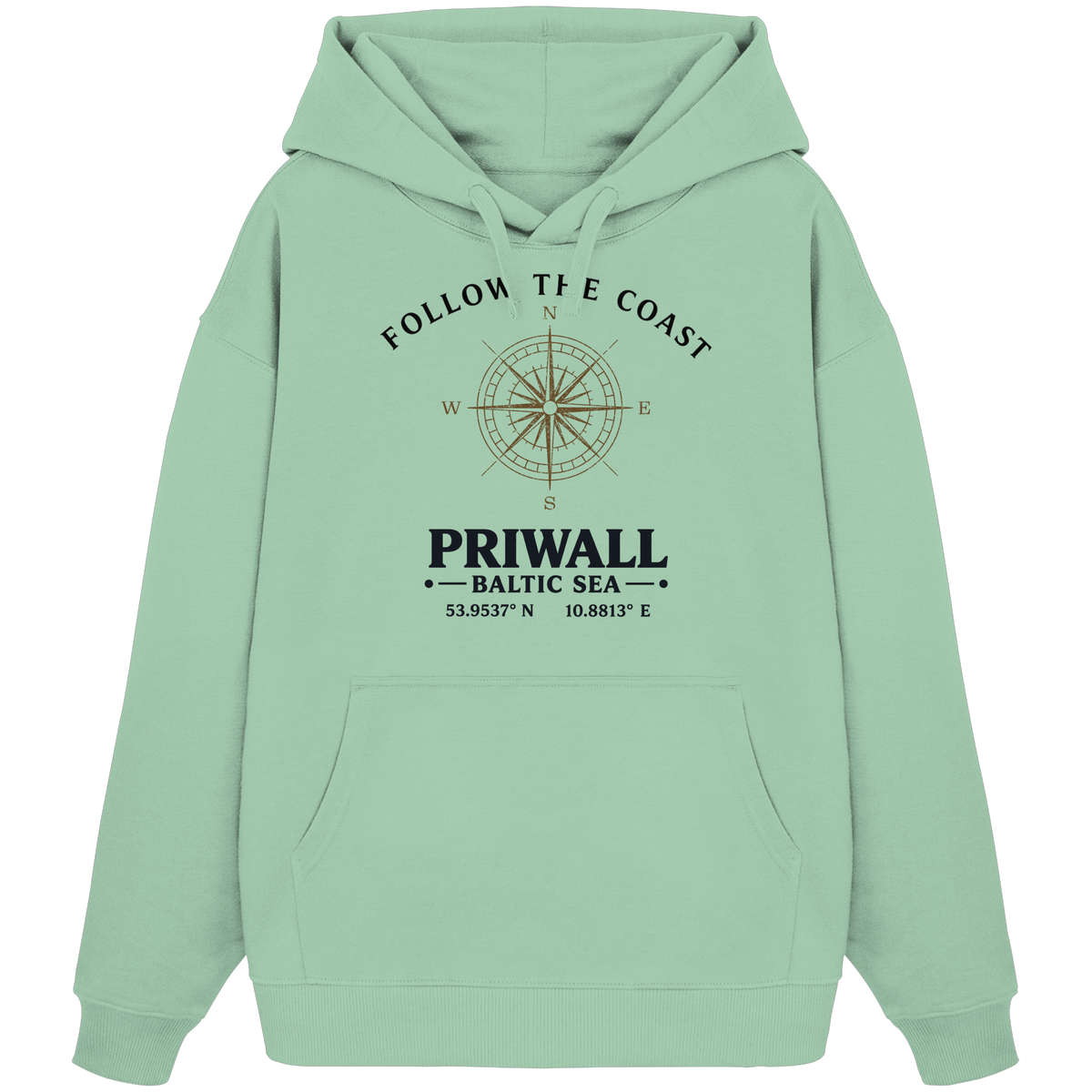Priwall Follow the Coast Oversize Bio-Hoodie in Misty Jade mit Kompass-Frontprint