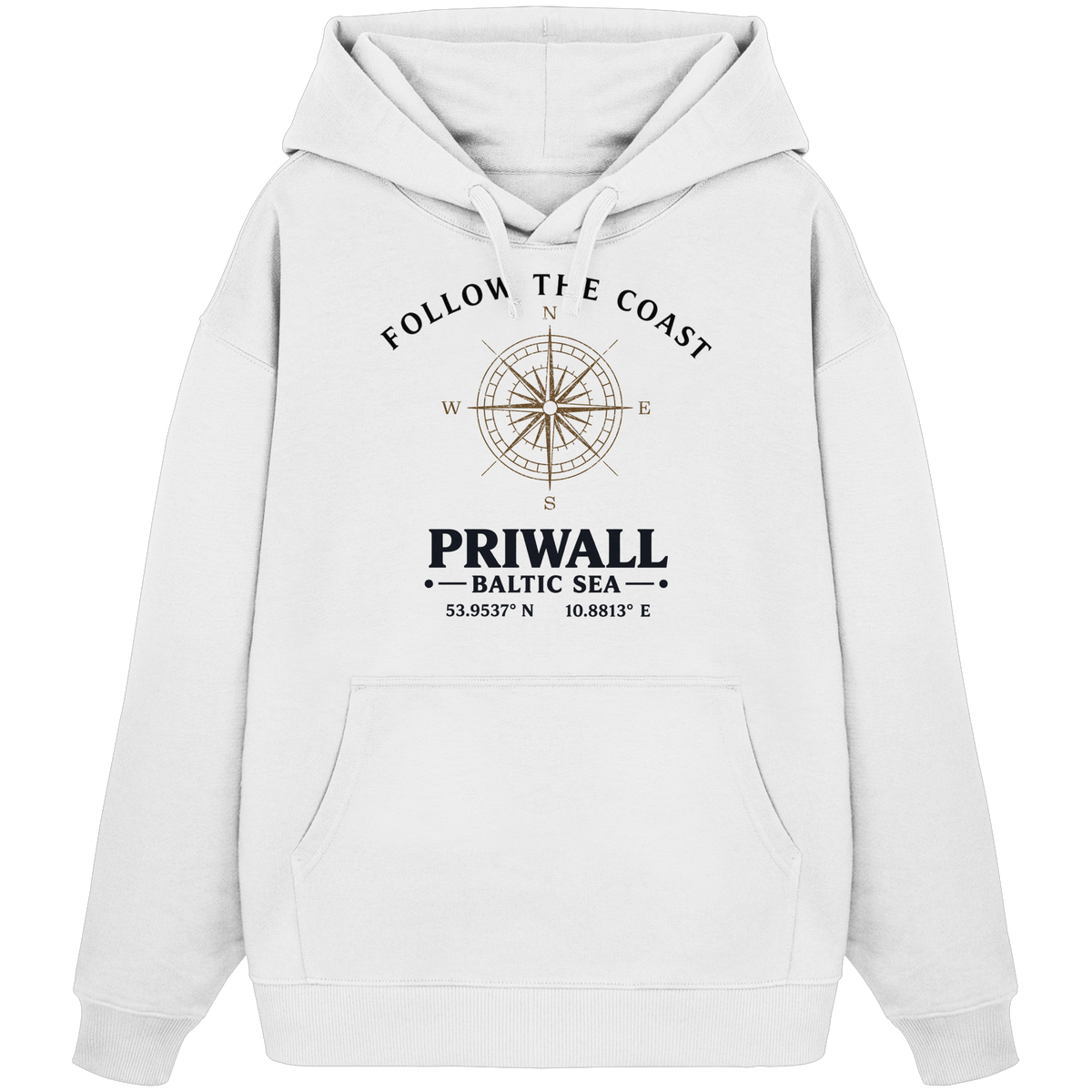 Priwall Follow the Coast Oversize Bio-Hoodie in Weiß mit Kompass-Frontprint