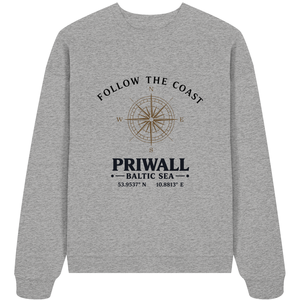 Priwall Follow the Coast Oversize Bio-Sweatshirt in Heather Grey mit Kompass-Frontprint