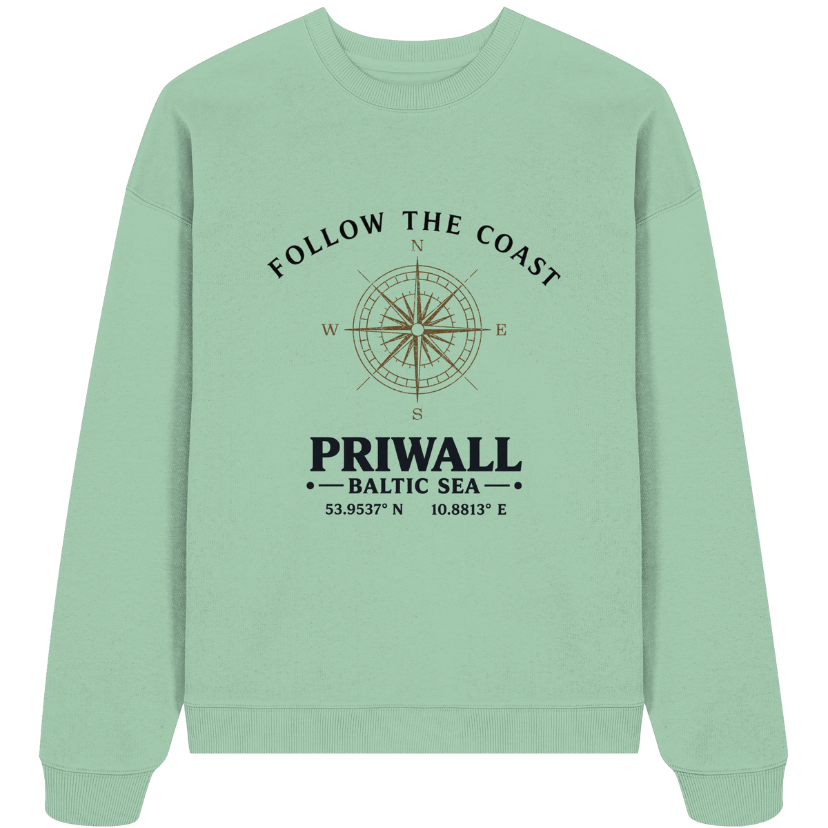Priwall Follow the Coast Oversize Bio-Sweatshirt in Misty Jade mit Kompass-Frontprint