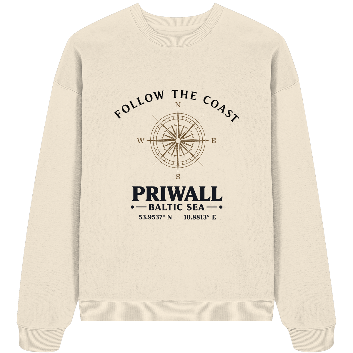 Priwall Follow the Coast Oversize Bio-Sweatshirt in Natural Raw mit Kompass-Frontprint