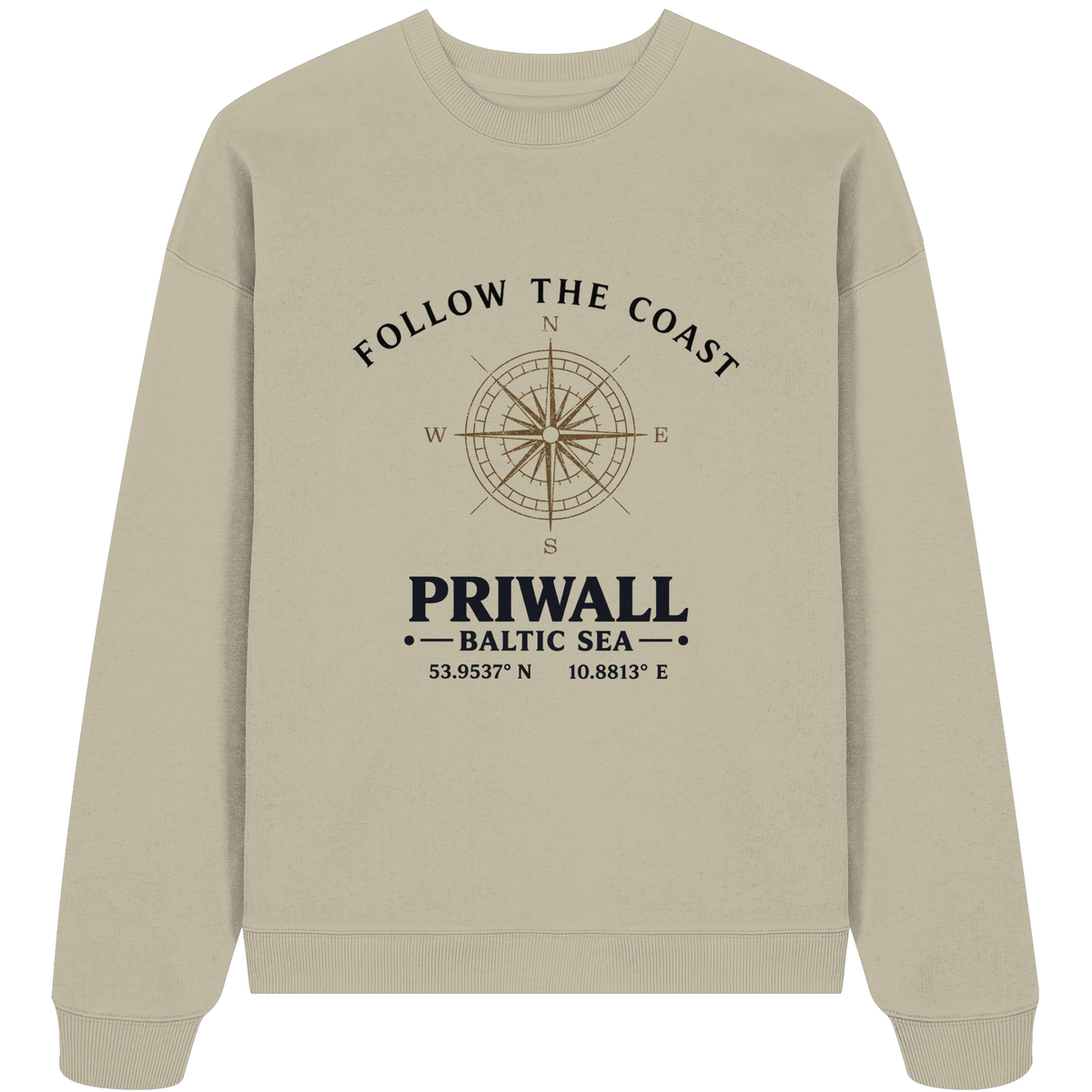 Priwall Follow the Coast Oversize Bio-Sweatshirt in Stone mit Kompass-Frontprint