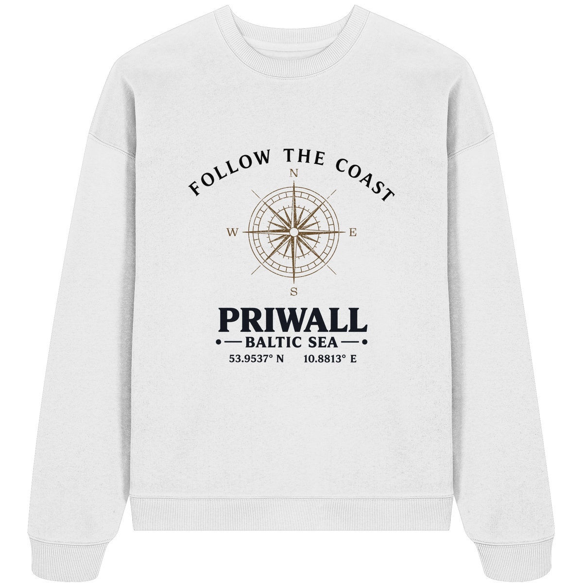 Priwall Follow the Coast Oversize Bio-Sweatshirt in Weiß mit Kompass-Frontprint