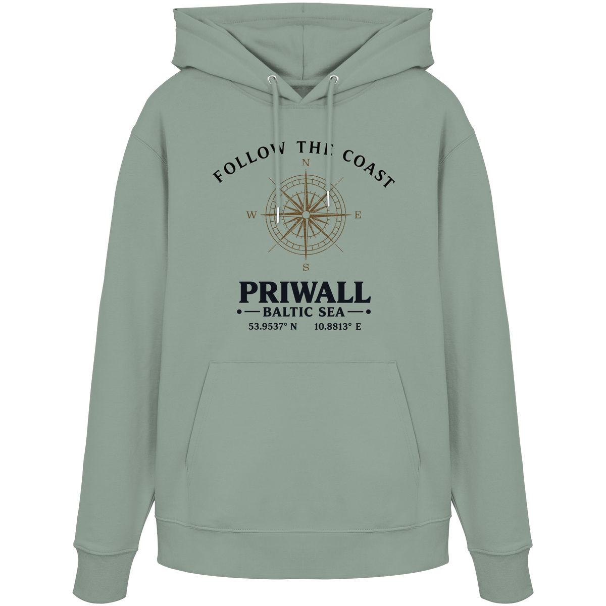 Follow the Coast Priwall Unisex Bio-Hoodie in Aloe mit Kompassmotiv