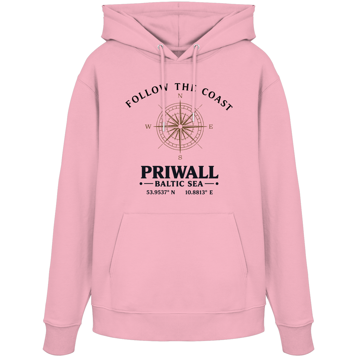 Follow the Coast Priwall Unisex Bio-Hoodie in Cotton Pink mit Kompassmotiv