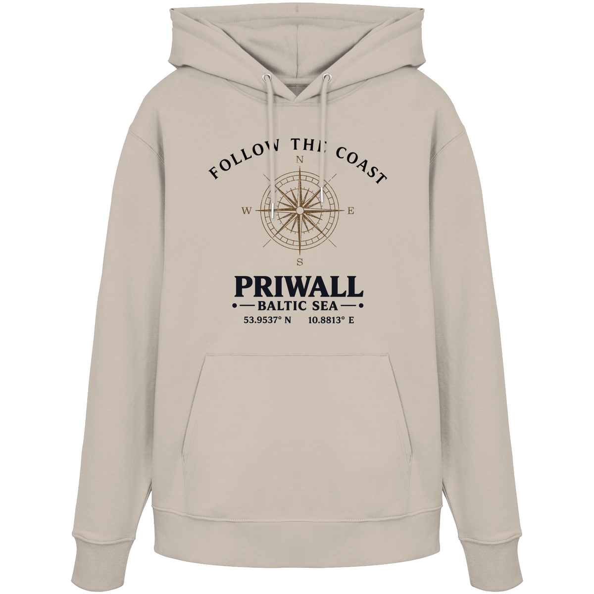 Follow the Coast Priwall Unisex Bio-Hoodie in Desert Dust mit Kompassmotiv