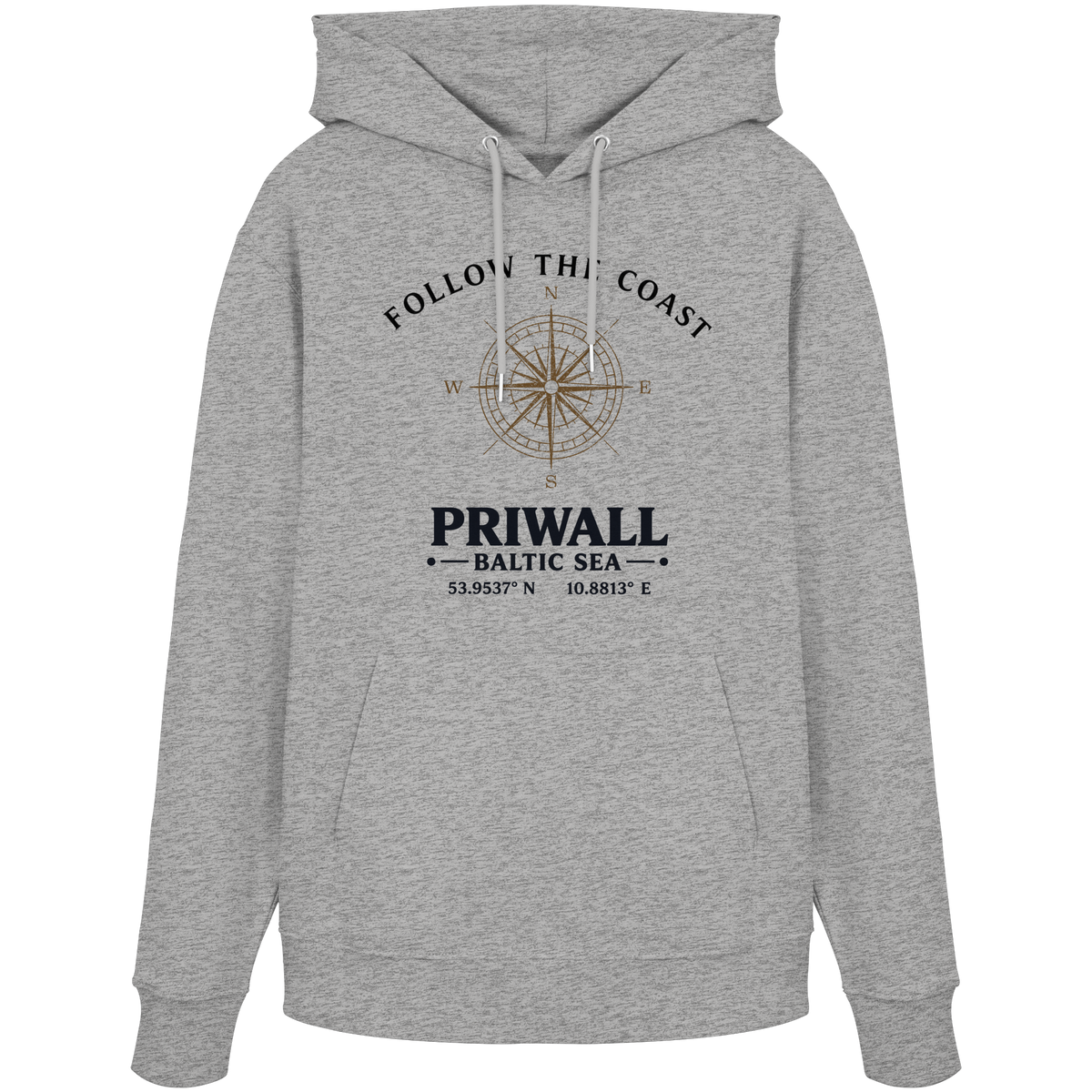 Follow the Coast Priwall Unisex Bio-Hoodie in Heather Grey mit Kompassmotiv