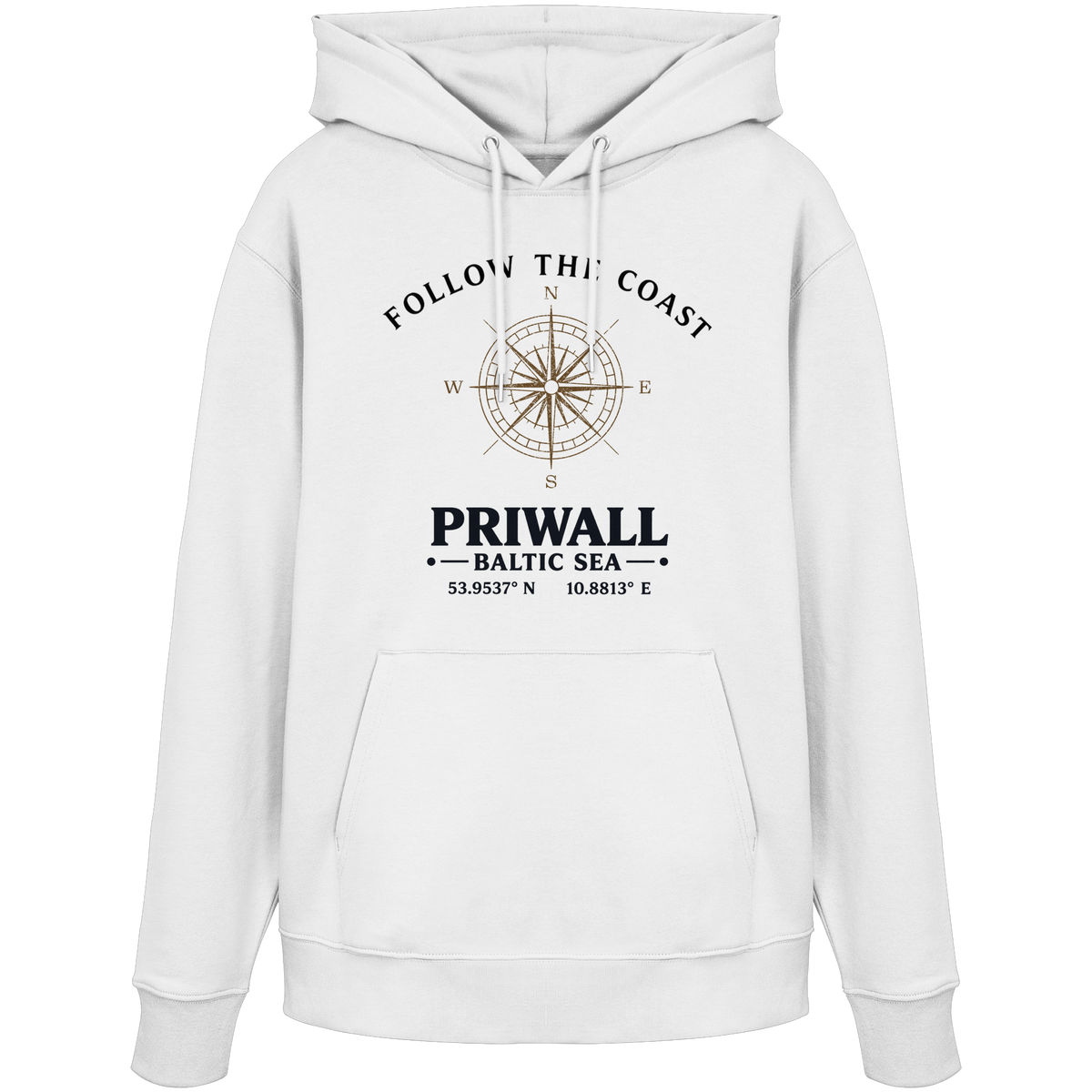 Follow the Coast Priwall Unisex Bio-Hoodie in Weiß mit Kompassmotiv