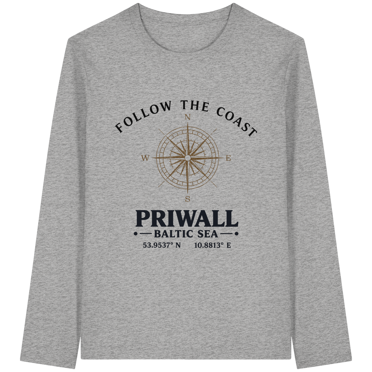 Follow the Coast Priwall Unisex Bio-Longsleeve in Heather Grey mit Kompassmotiv