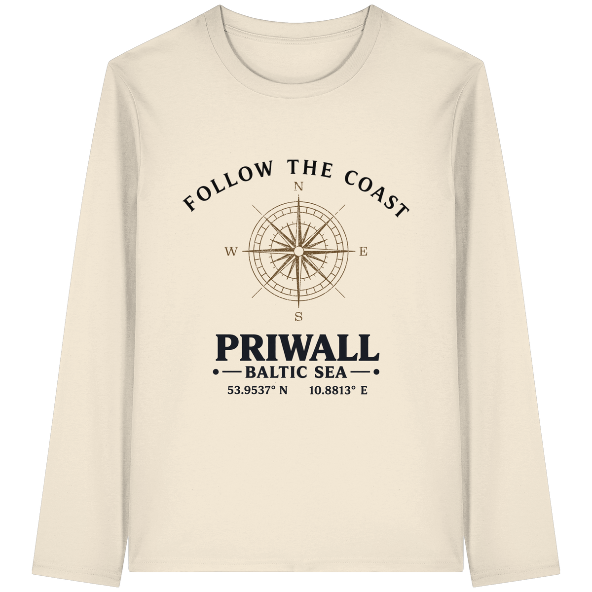 Follow the Coast Priwall Unisex Bio-Longsleeve in Natural Raw mit Kompassmotiv