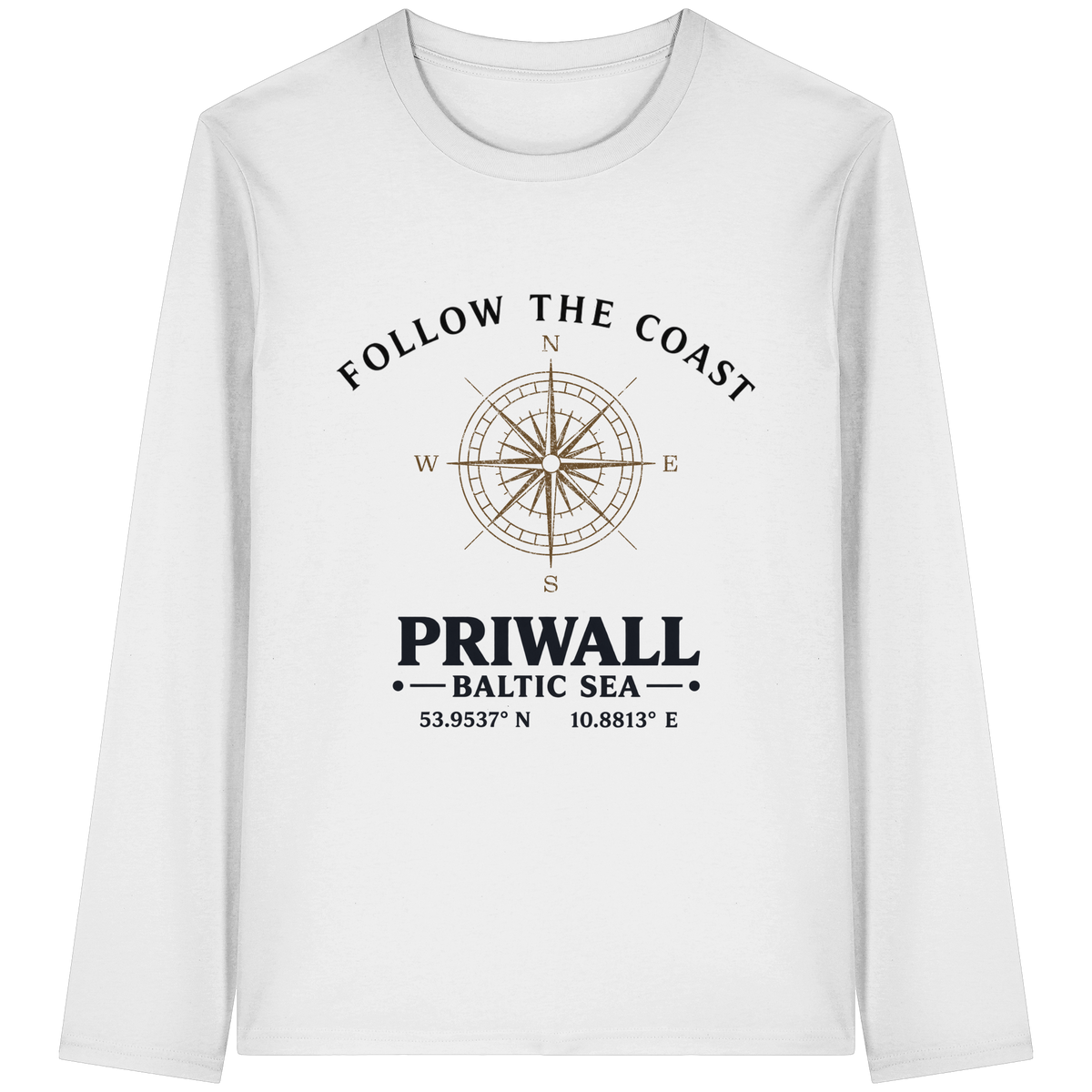 Follow the Coast Priwall Unisex Bio-Longsleeve in Weiß mit Kompassmotiv