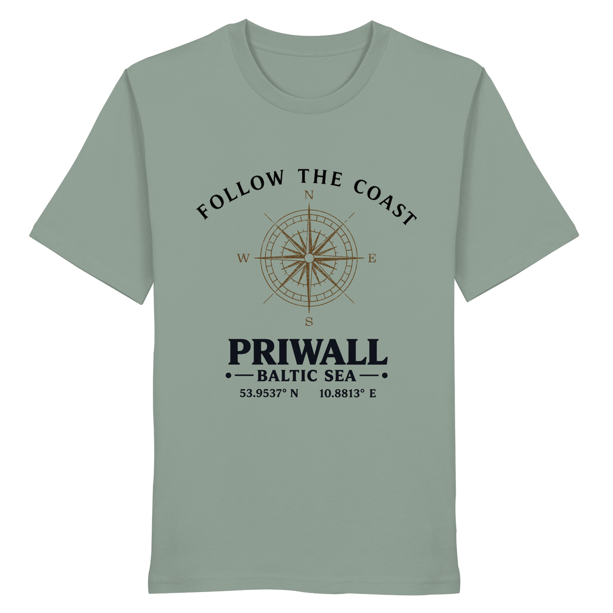 Follow the Coast Priwall Unisex Bio-T-Shirt in Aloe mit Kompassmotiv