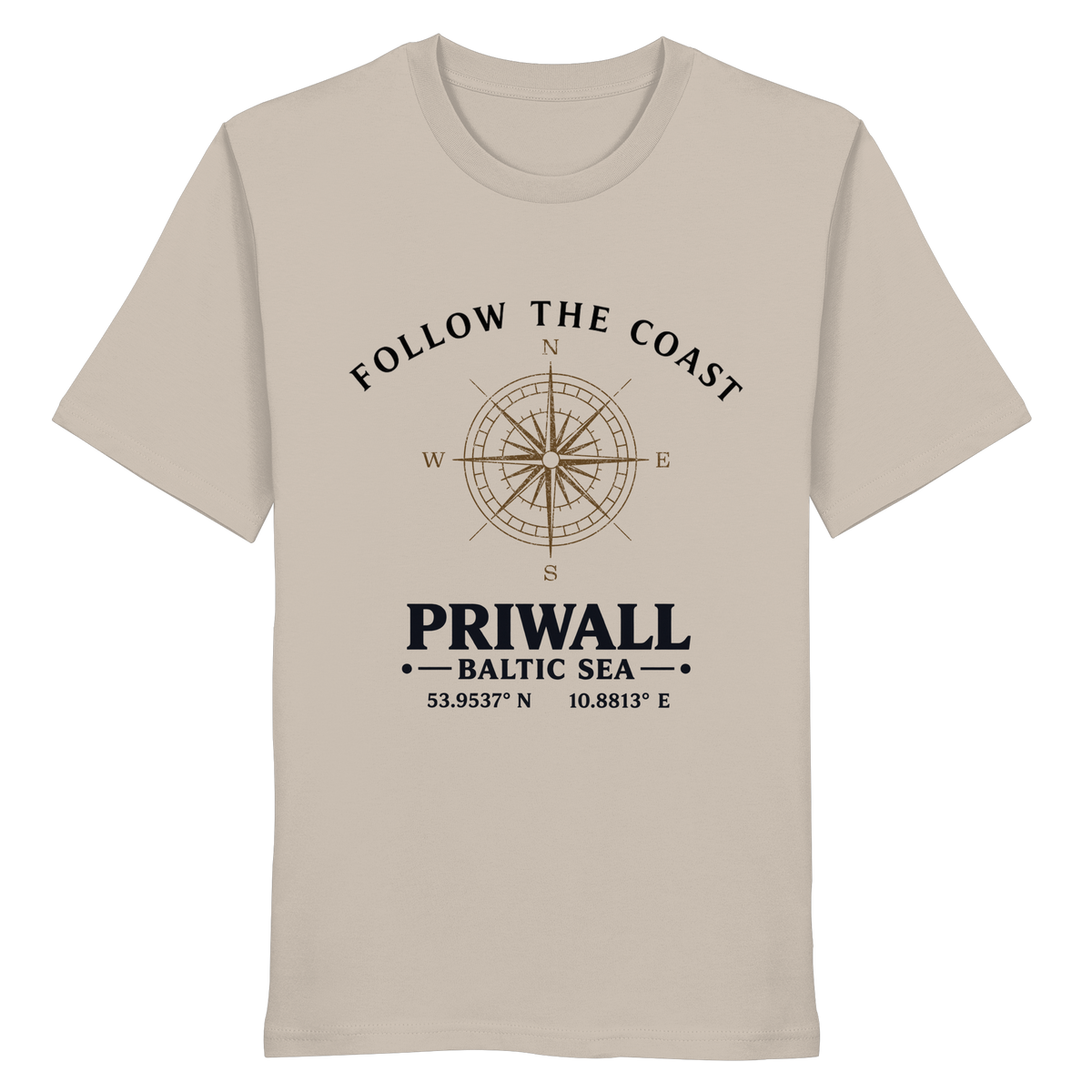 Follow the Coast Priwall Unisex Bio-T-Shirt in Desert Dust mit Kompassmotiv