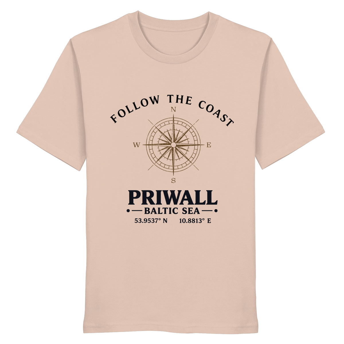 Follow the Coast Priwall Unisex Bio-T-Shirt in Fraiche Peche mit Kompassmotiv