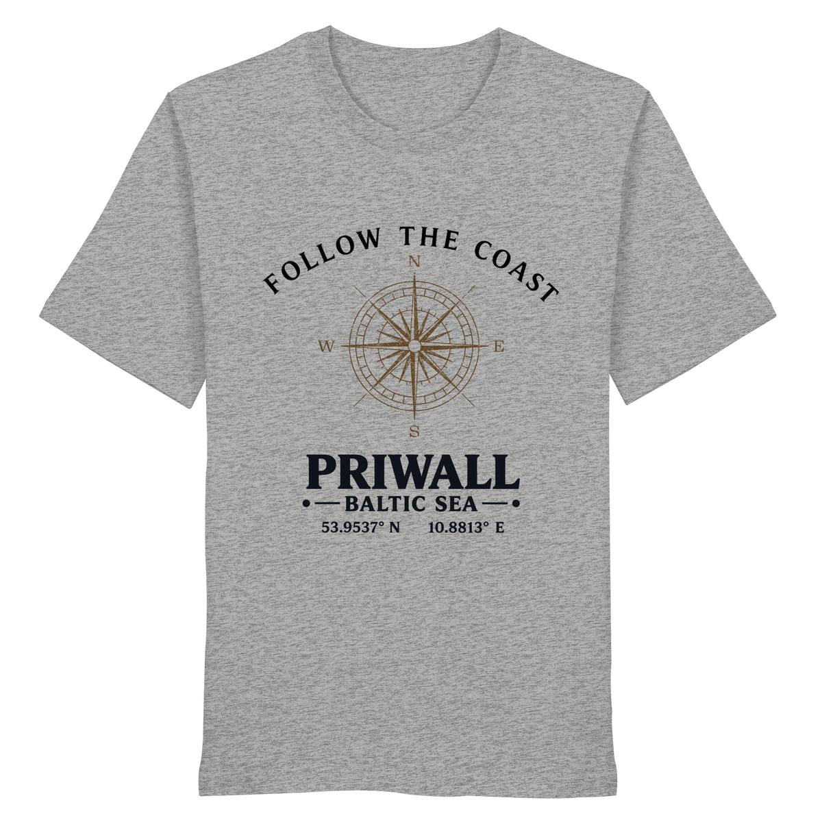 Follow the Coast Priwall Unisex Bio-T-Shirt in Heather Grey mit Kompassmotiv