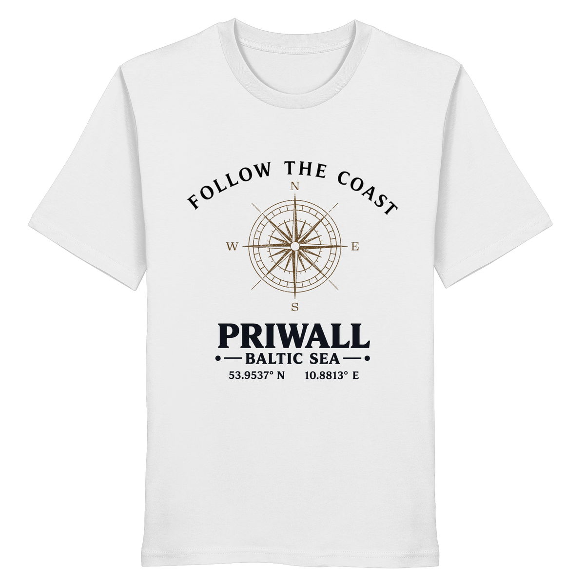 Follow the Coast Priwall Unisex Bio-T-Shirt in Weiß mit Kompassmotiv