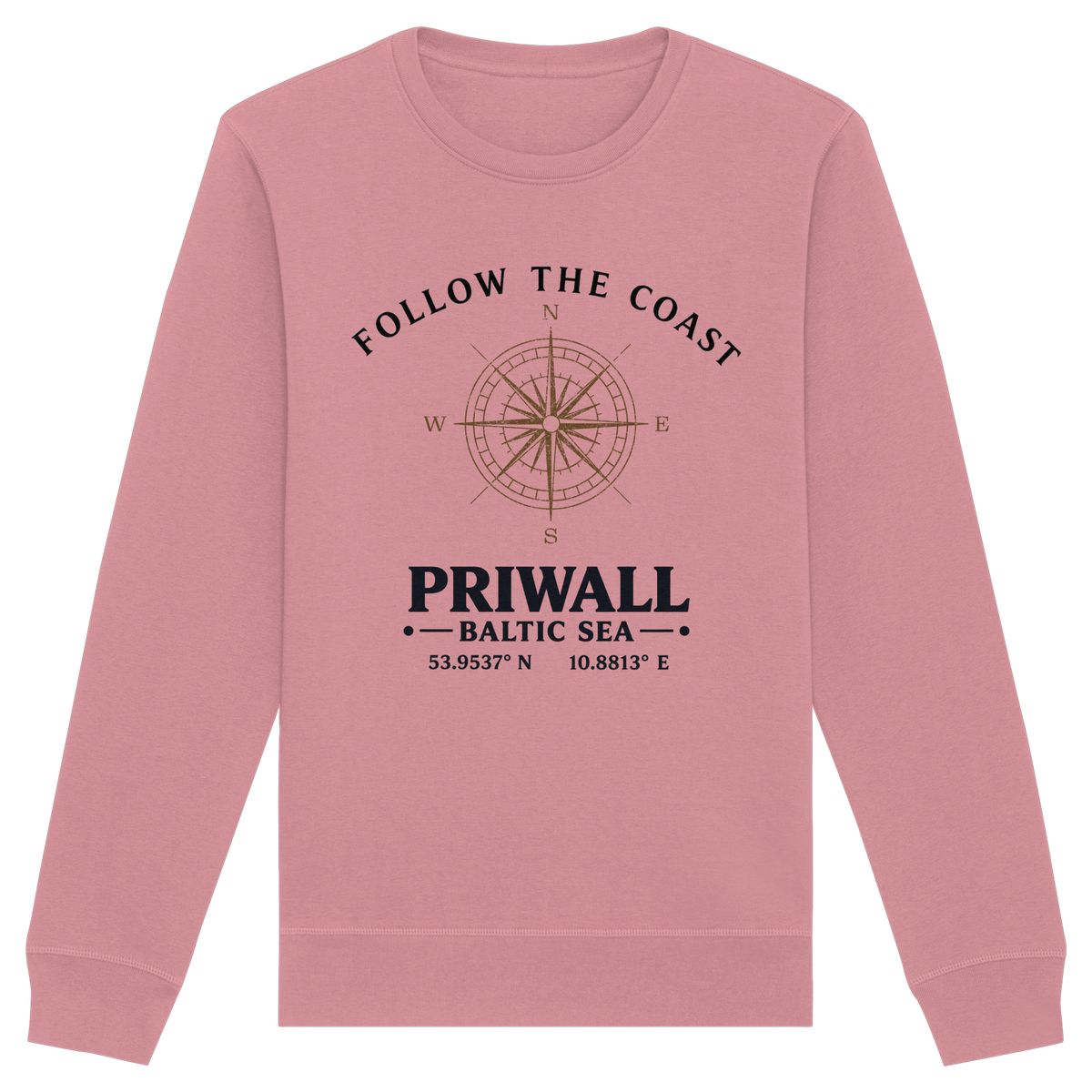 Priwall Follow the Coast Unisex Bio-Sweatshirt in Canyon Pink mit Kompass-Frontprint