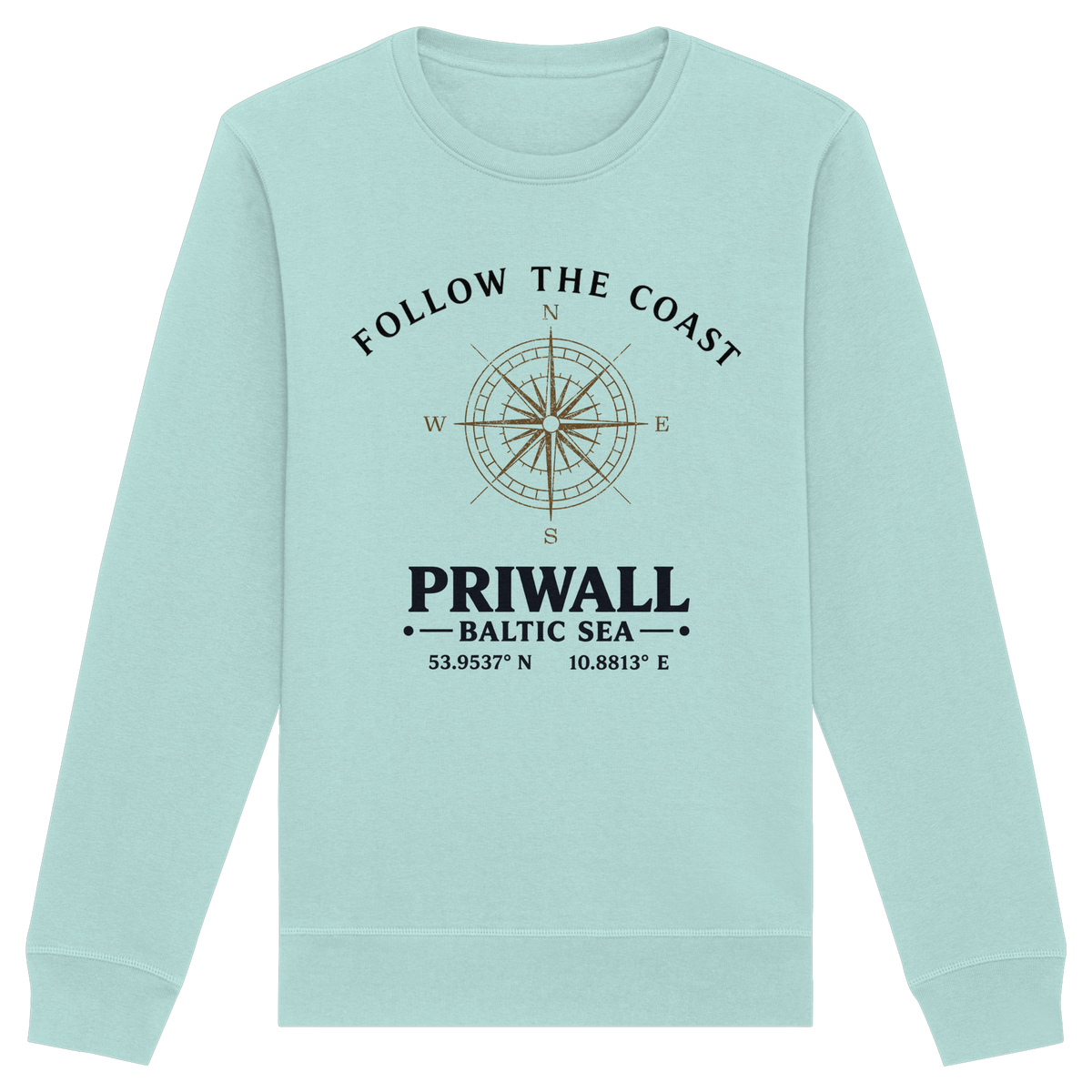 Priwall Follow the Coast Unisex Bio-Sweatshirt in Caribbean Blue mit Kompass-Frontprint