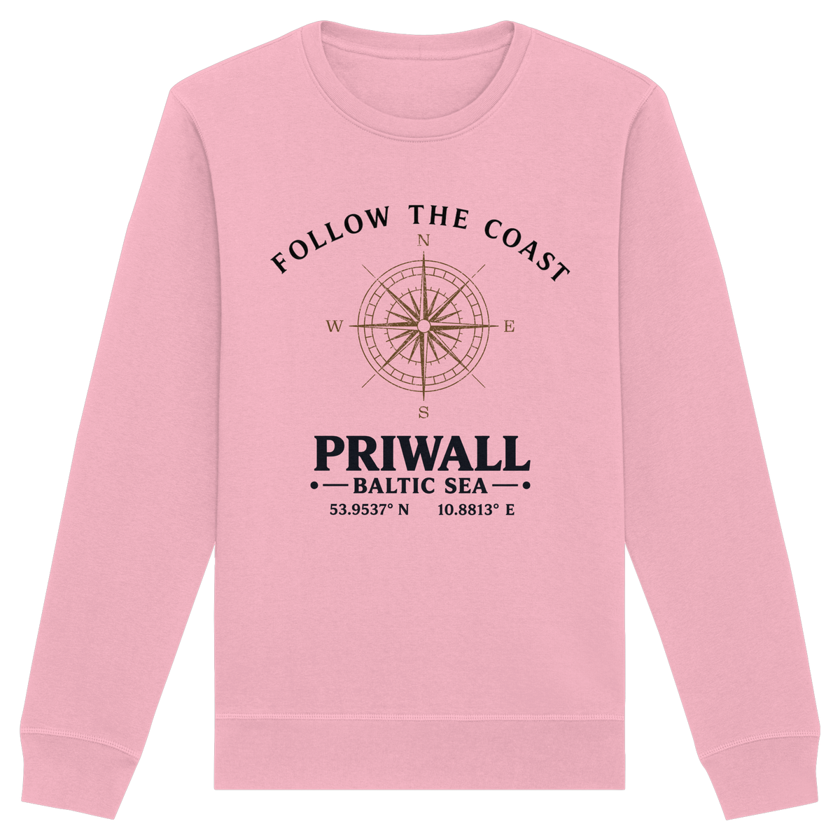 Priwall Follow the Coast Unisex Bio-Sweatshirt in Cotton Pink mit Kompass-Frontprint