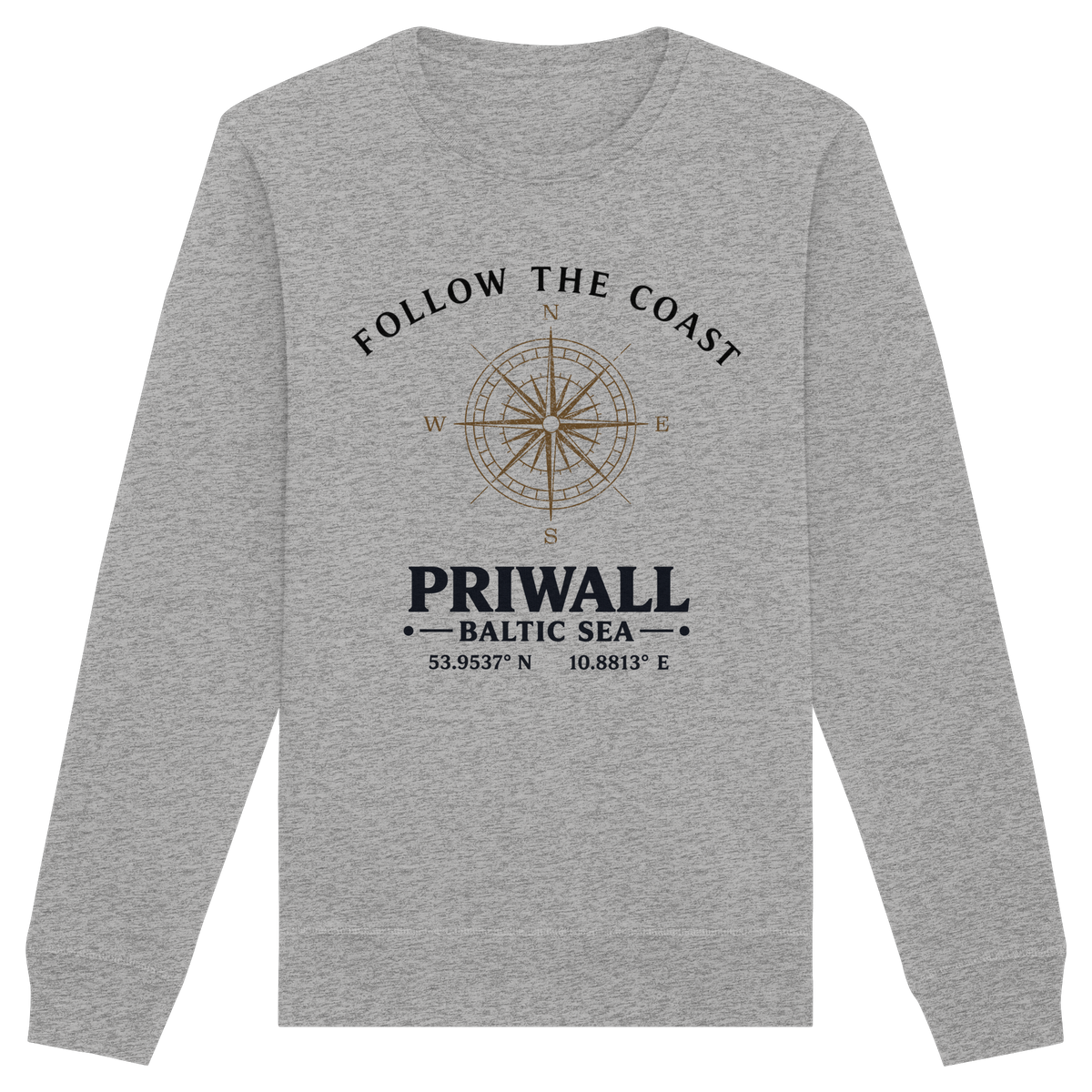 Priwall Follow the Coast Unisex Bio-Sweatshirt in Heather Grey mit Kompass-Frontprint