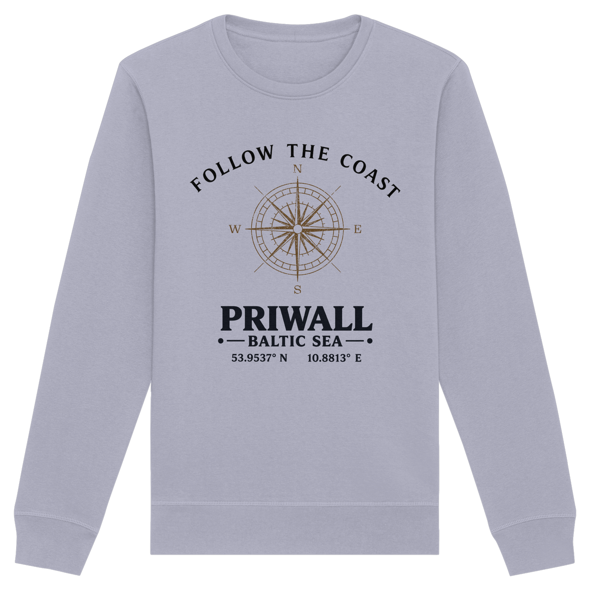 Priwall Follow the Coast Unisex Bio-Sweatshirt in Serene Blue mit Kompass-Frontprint