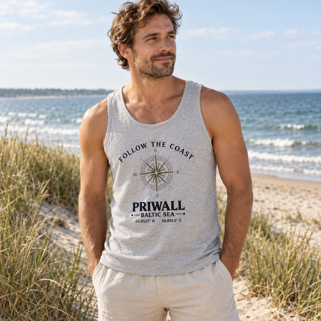 Mann trägt das graue Follow the Coast Priwall Unisex Bio-Tanktop am Ostseestrand