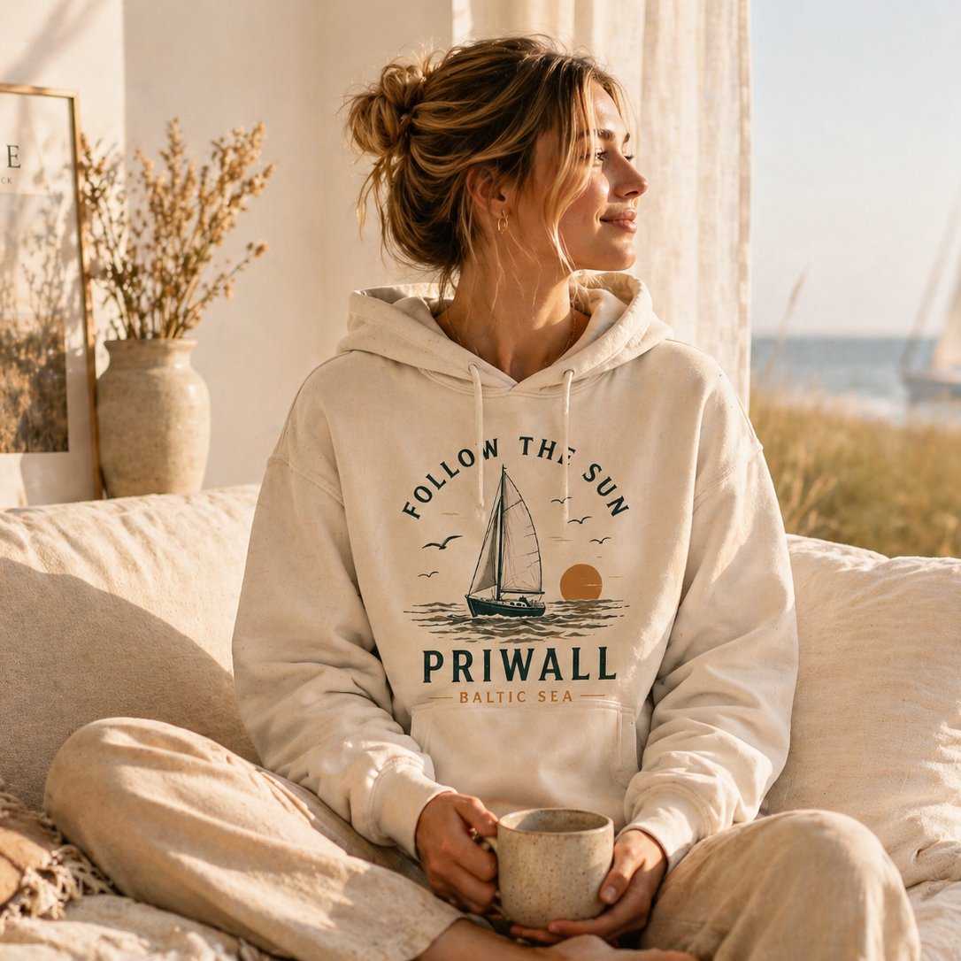 Frau im Natural Raw Priwall Follow the Sun Bio-Hoodie in einer hellen Küstenszene