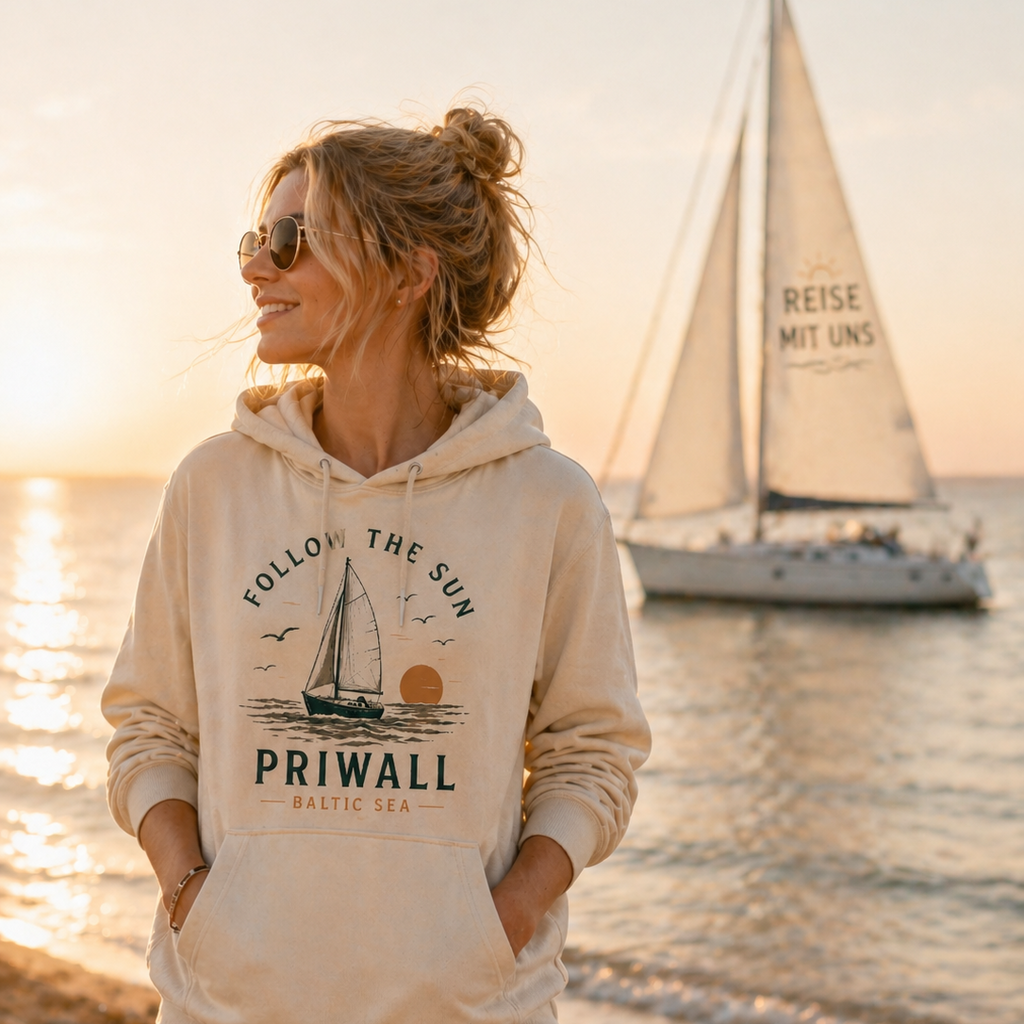 Frau im Natural Raw Priwall Follow the Sun Bio-Hoodie an der Ostsee