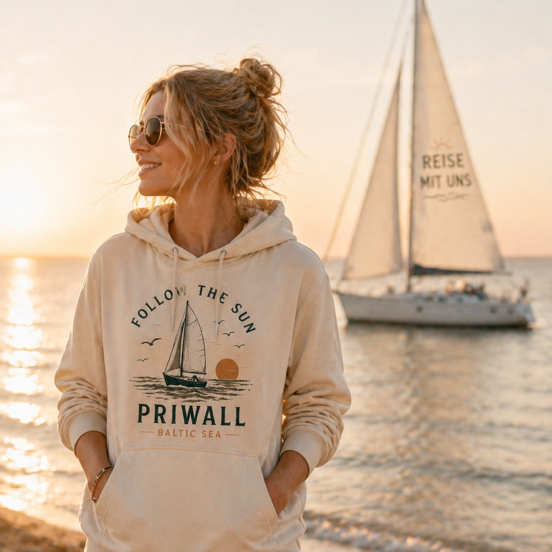 Frau im Natural Raw Priwall Follow the Sun Bio-Hoodie an der Ostsee