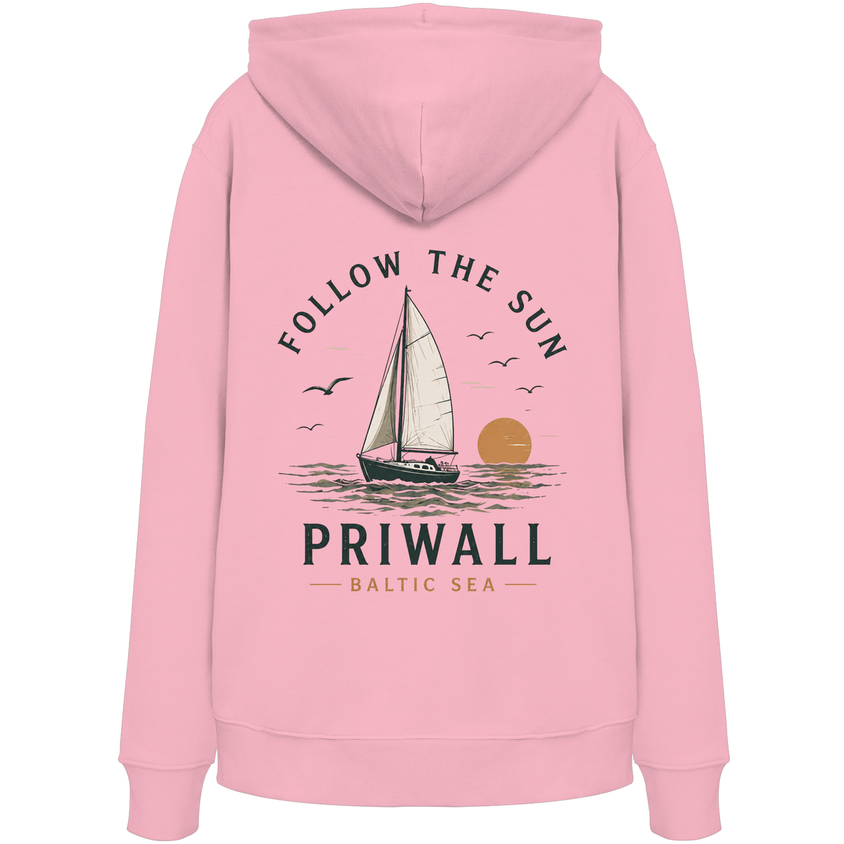 Priwall Follow the Sun Bio-Hoodie in Cotton Pink mit Rückenprint – Shirtigo Mockup