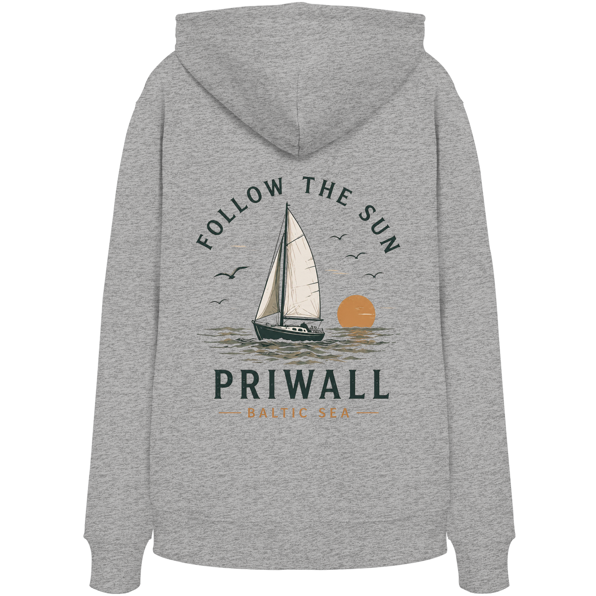 Priwall Follow the Sun Bio-Hoodie in Heather Grey mit Rückenprint – Shirtigo Mockup