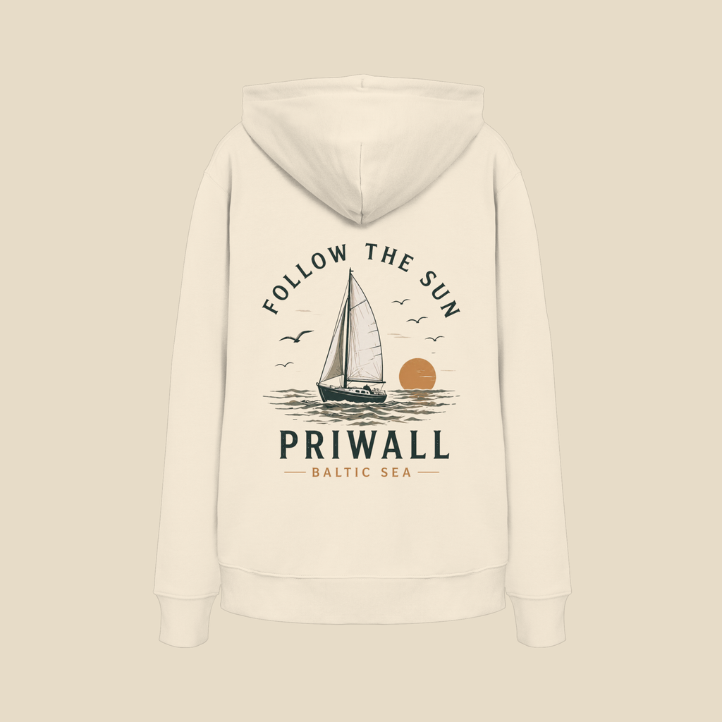 Priwall Follow the Sun Bio-Hoodie in Natural Raw mit Rückenprint – Clean Mockup